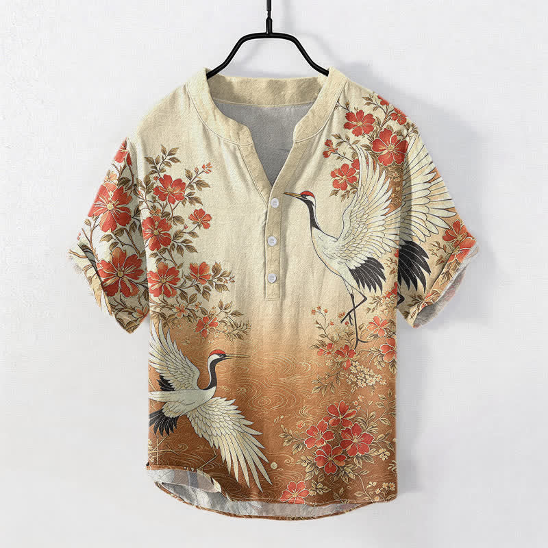 Nimara Ritual Cotton Oriental Crane Floral Wave Pattern Men's Short Sleeve Half Button Shirt