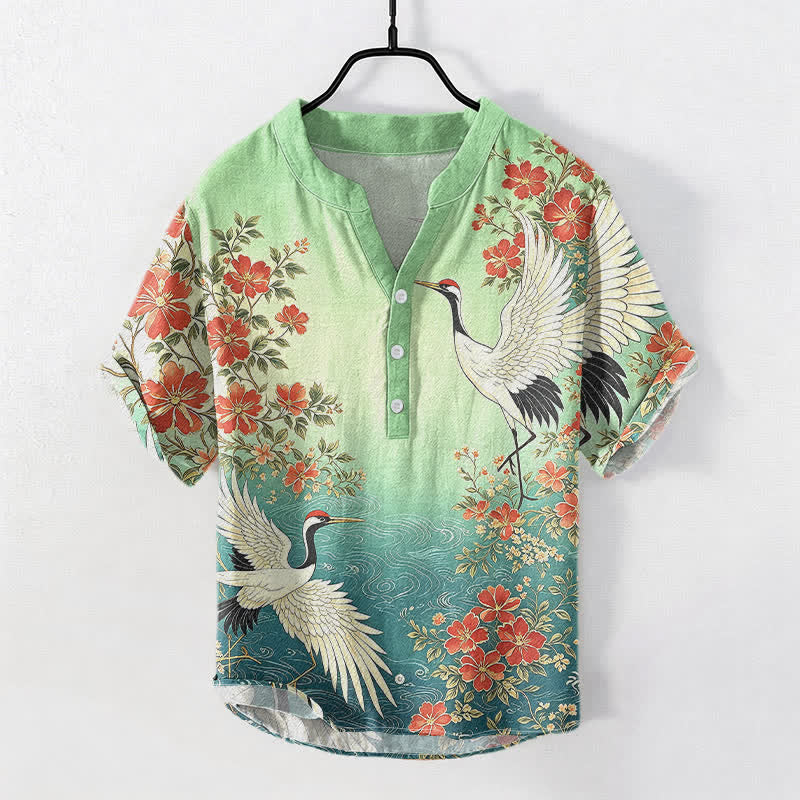 Nimara Ritual Cotton Oriental Crane Floral Wave Pattern Men's Short Sleeve Half Button Shirt