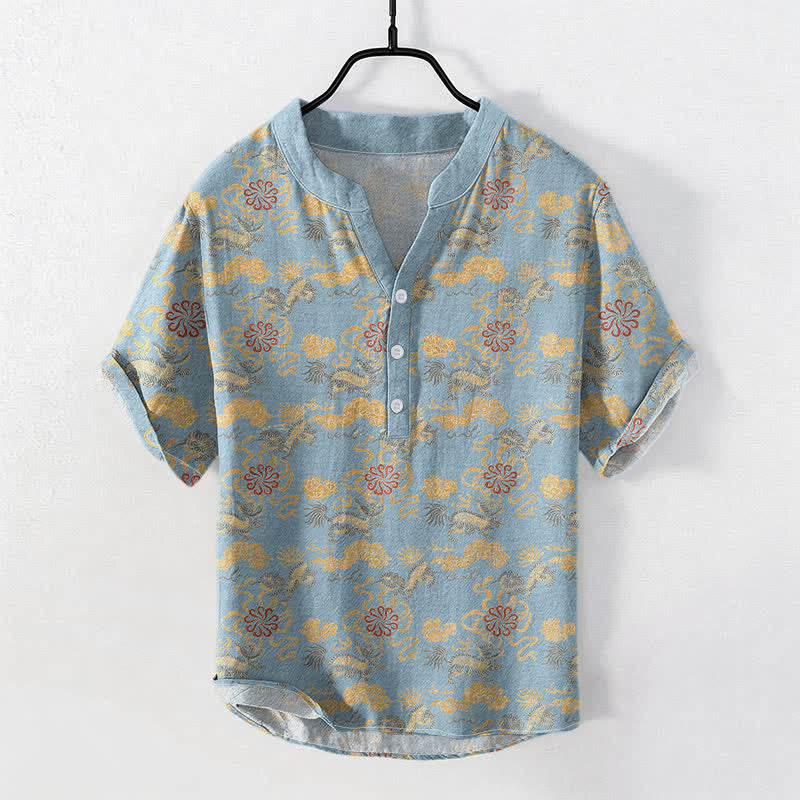 Nimara Ritual Cotton Oriental Floral Cloud Wave Pattern Men's Short Sleeve Half Button Shirt