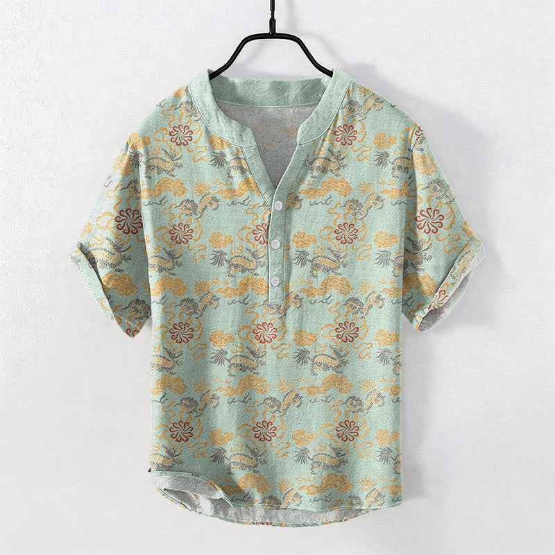 Nimara Ritual Cotton Oriental Floral Cloud Wave Pattern Men's Short Sleeve Half Button Shirt