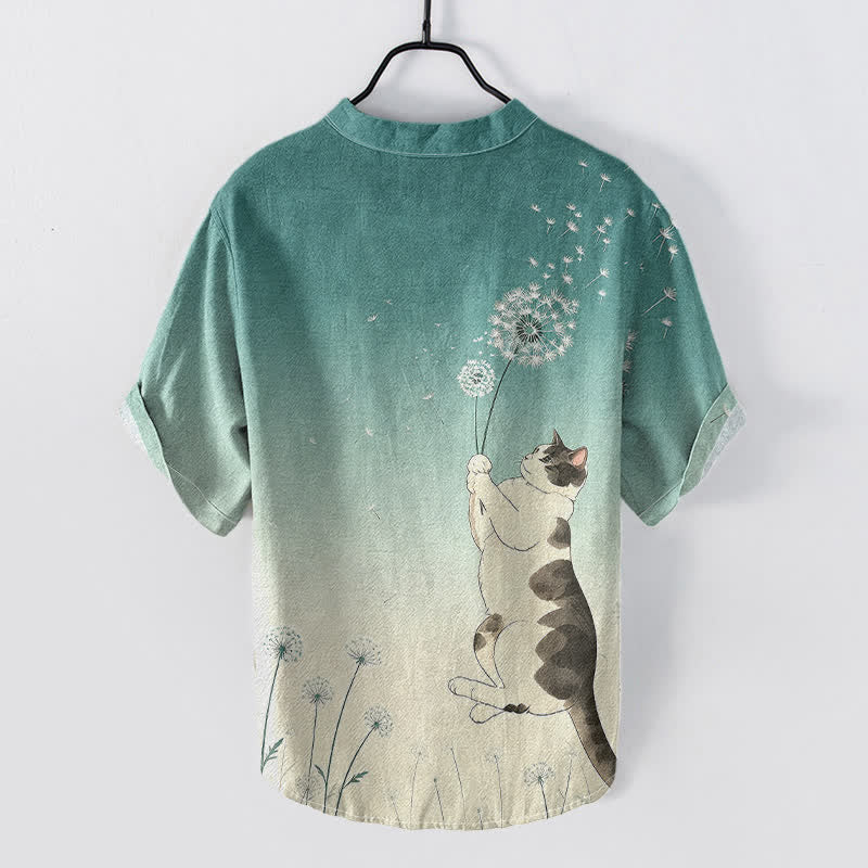 Nimara Ritual Cotton Hand Drawn Cat Dandelion Pattern Men's Short Sleeve Half Button Shirt