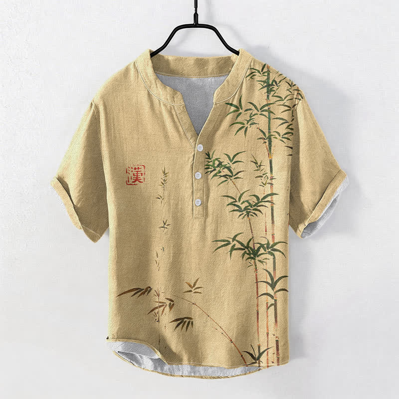 Nimara Ritual Cotton Bamboo Ink Wash Pattern Men's Short Sleeve Half Button Shirt