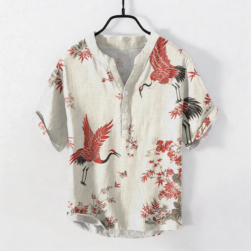 Nimara Ritual Cotton Red Crane Floral Pattern Men's Short Sleeve Half Button Shirt