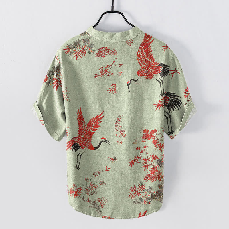 Nimara Ritual Cotton Red Crane Floral Pattern Men's Short Sleeve Half Button Shirt