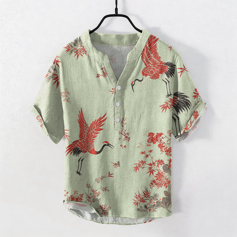 Nimara Ritual Cotton Red Crane Floral Pattern Men's Short Sleeve Half Button Shirt
