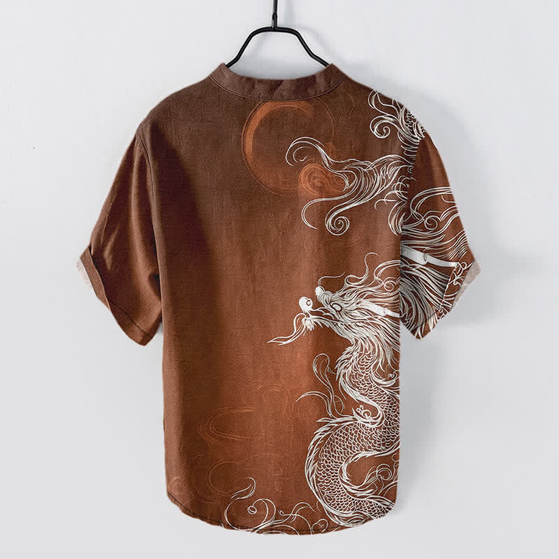 Nimara Ritual Cotton Large White Dragon Pattern Men's Short Sleeve Half Button Shirt