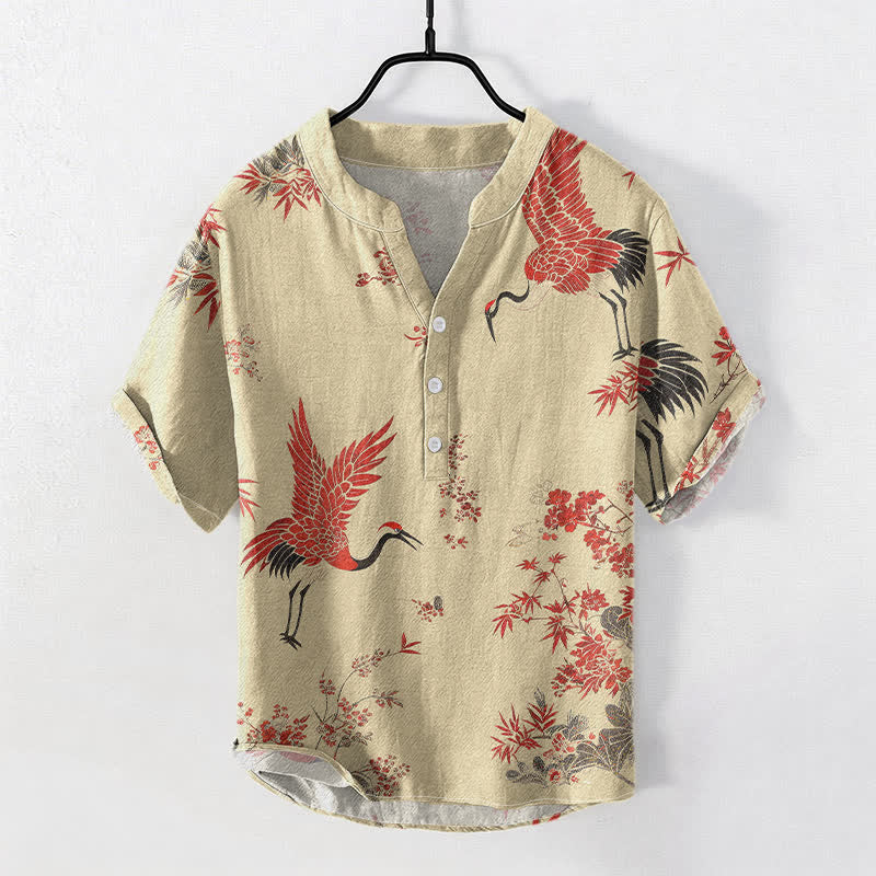 Nimara Ritual Cotton Red Crane Floral Pattern Men's Short Sleeve Half Button Shirt