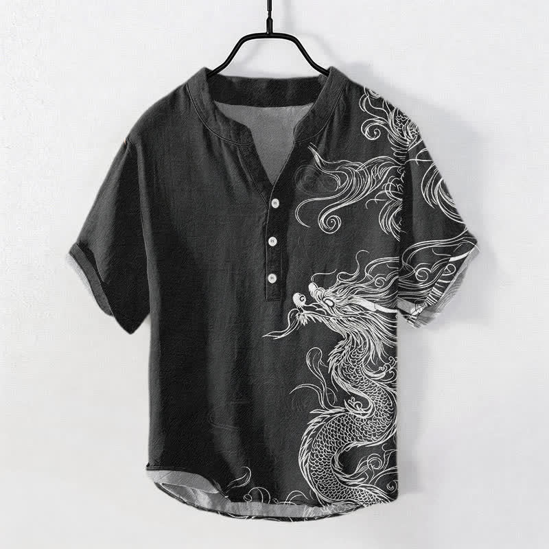 Nimara Ritual Cotton Large White Dragon Pattern Men's Short Sleeve Half Button Shirt