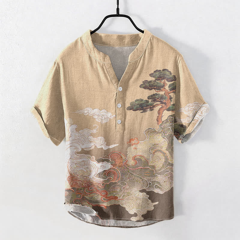 Nimara Ritual Cotton Ink Pine Wave Pattern Men's Short Sleeve Half Button Shirt
