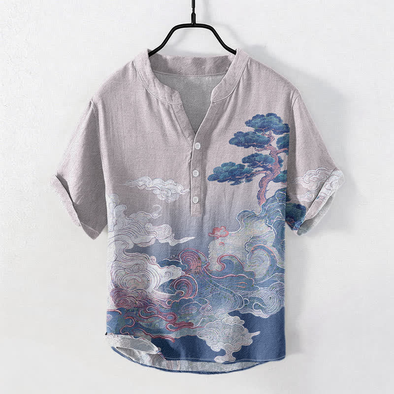 Nimara Ritual Cotton Ink Pine Wave Pattern Men's Short Sleeve Half Button Shirt