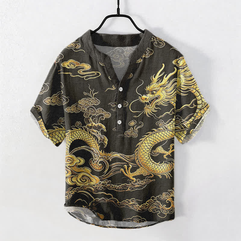 Nimara Ritual Cotton Golden Dragon Cloud Pattern Men's Short Sleeve Half Button Shirt