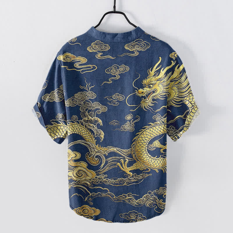 Nimara Ritual Cotton Golden Dragon Cloud Pattern Men's Short Sleeve Half Button Shirt
