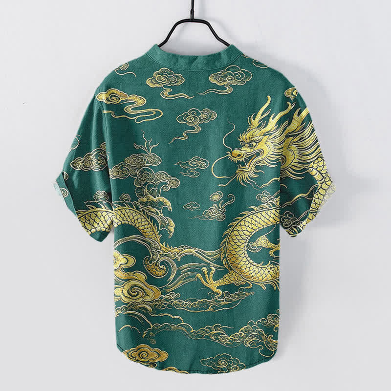 Nimara Ritual Cotton Golden Dragon Cloud Pattern Men's Short Sleeve Half Button Shirt