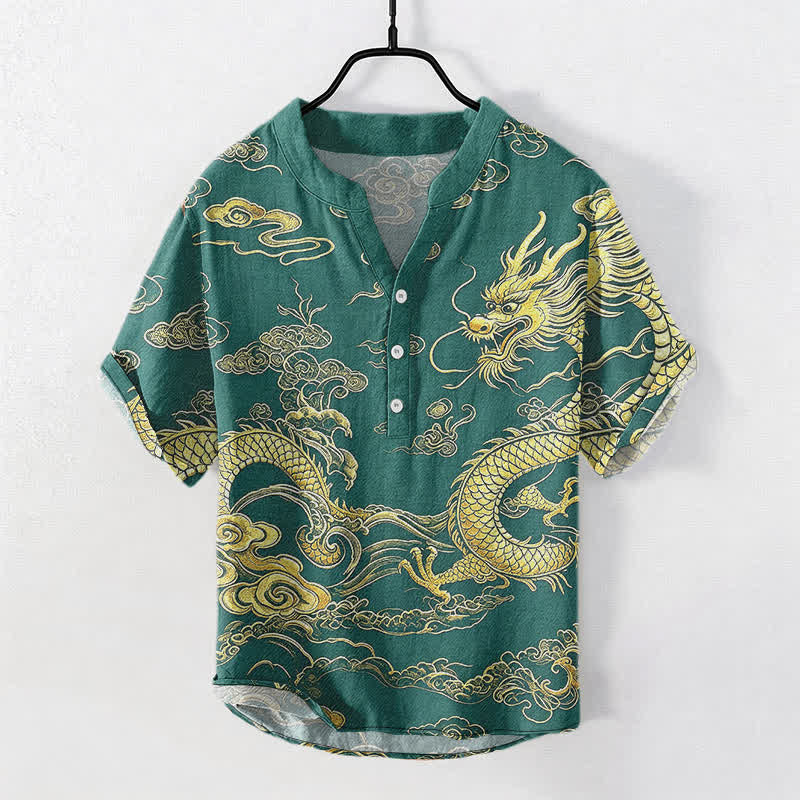 Nimara Ritual Cotton Golden Dragon Cloud Pattern Men's Short Sleeve Half Button Shirt