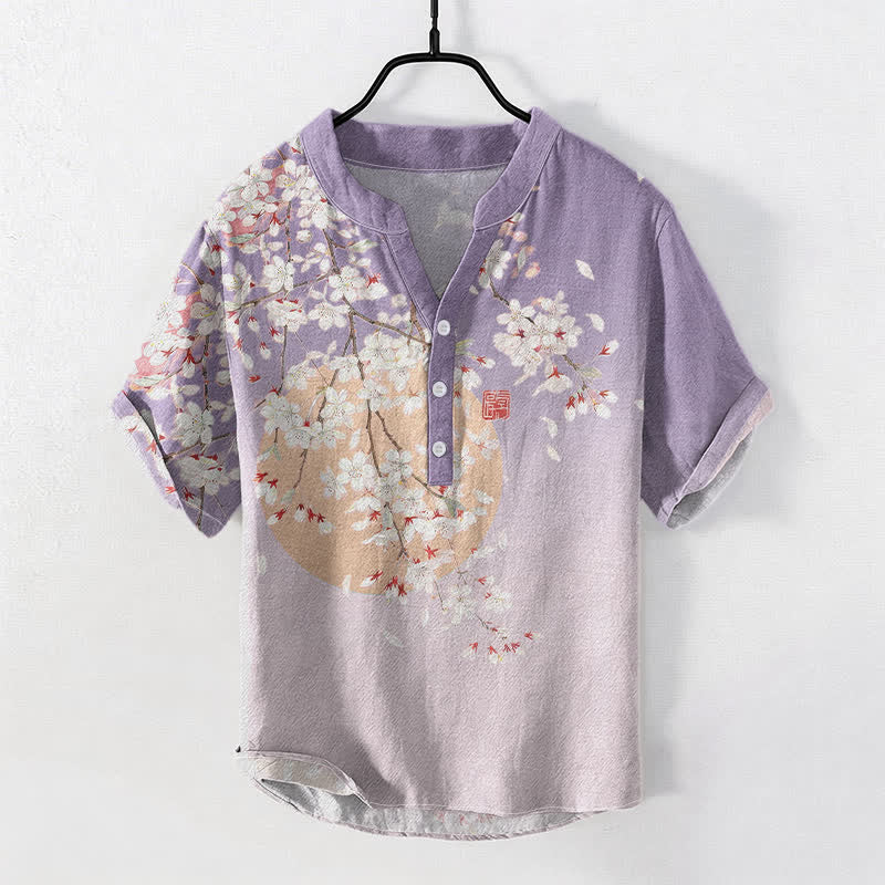 Nimara Ritual Pure Cotton Cherry Blossom Watercolor Pattern Men's Short Sleeve Half Button Shirt