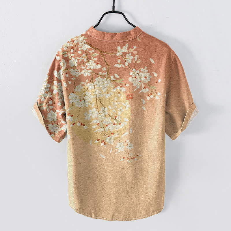 Nimara Ritual Pure Cotton Cherry Blossom Watercolor Pattern Men's Short Sleeve Half Button Shirt