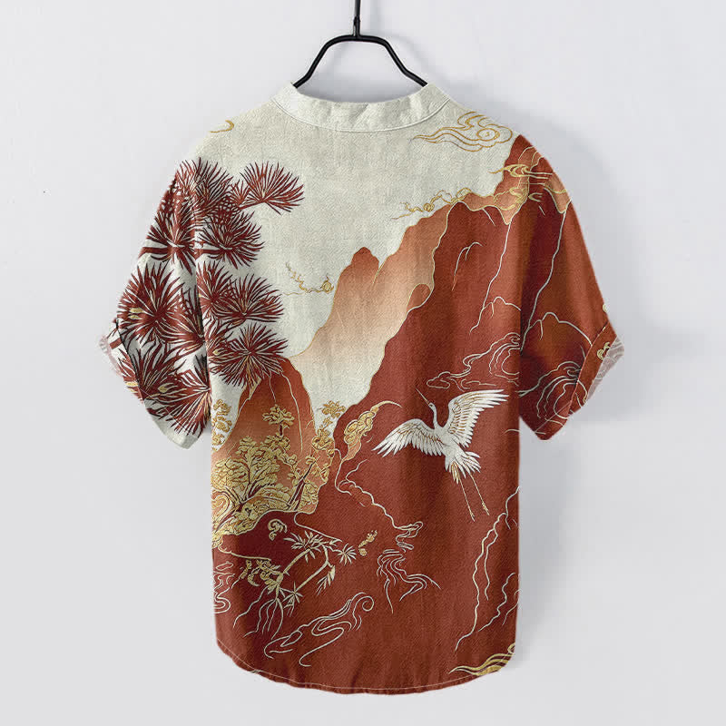 Nimara Ritual Cotton Oriental Mountain Crane Landscape Pattern Men's Short Sleeve Half Button Shirt