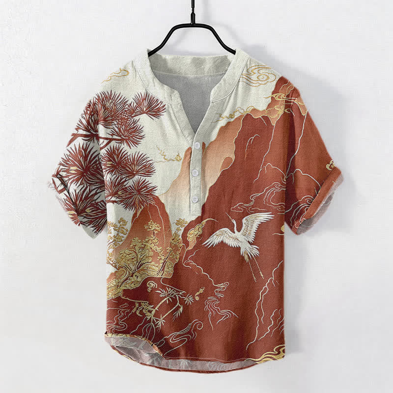 Nimara Ritual Cotton Oriental Mountain Crane Landscape Pattern Men's Short Sleeve Half Button Shirt
