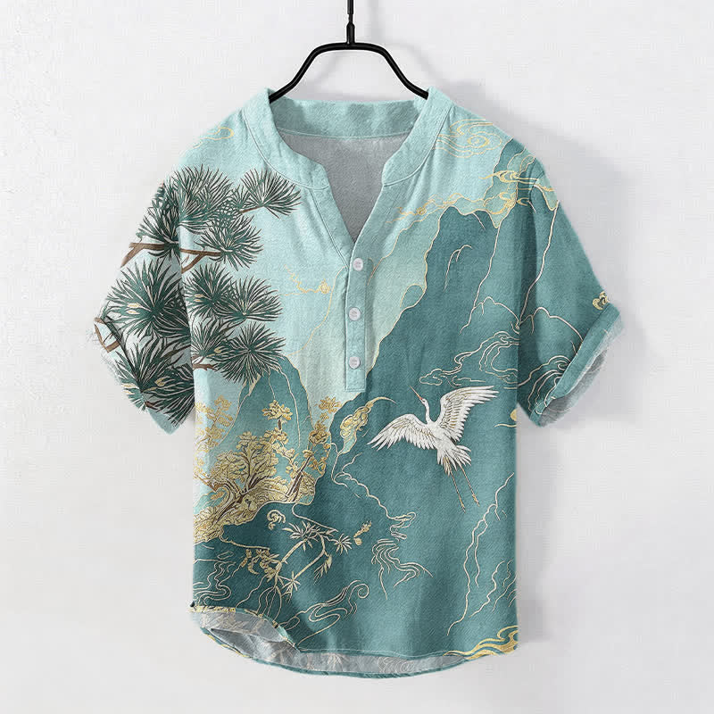 Nimara Ritual Cotton Oriental Mountain Crane Landscape Pattern Men's Short Sleeve Half Button Shirt
