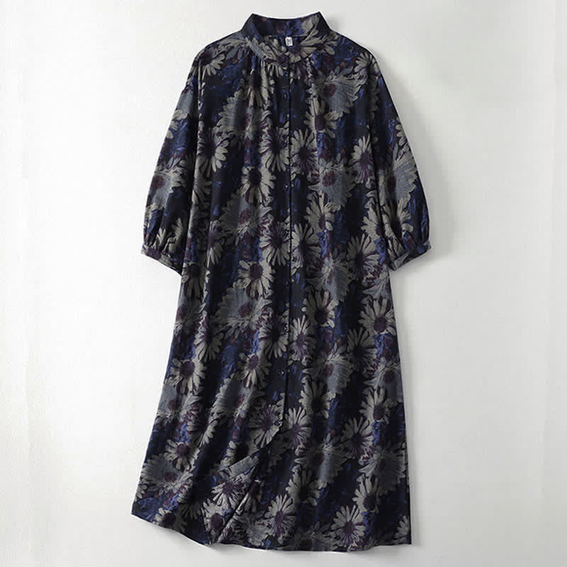 Nimara Ritual Spring Vintage Mandarin Collar Button-Up Floral Print Women's Elbow-Length Sleeve Dress With Pockets
