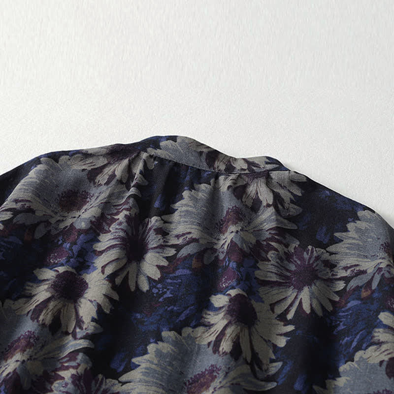 Nimara Ritual Spring Vintage Mandarin Collar Button-Up Floral Print Women's Elbow-Length Sleeve Dress With Pockets