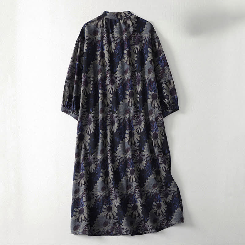 Nimara Ritual Spring Vintage Mandarin Collar Button-Up Floral Print Women's Elbow-Length Sleeve Dress With Pockets