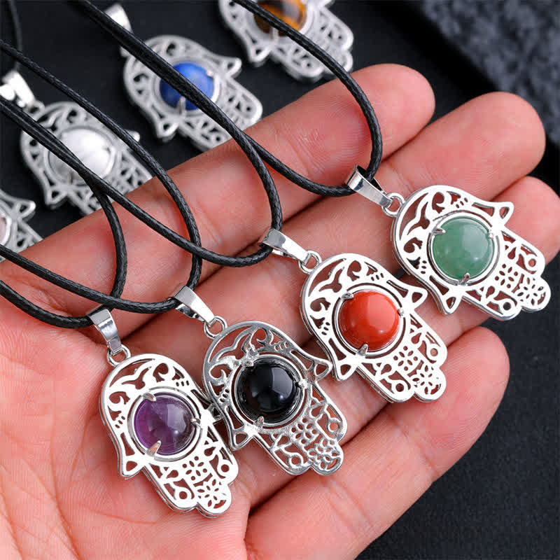 Nimara Ritual Natural Black Obsidian Hamsa Palm Inlay Crystal Strength Necklace