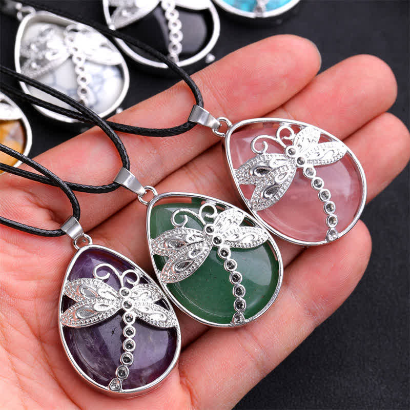Nimara Ritual Natural Green Aventurine Dragonfly Teardrop Shape Inlay Crystal Balance Necklace