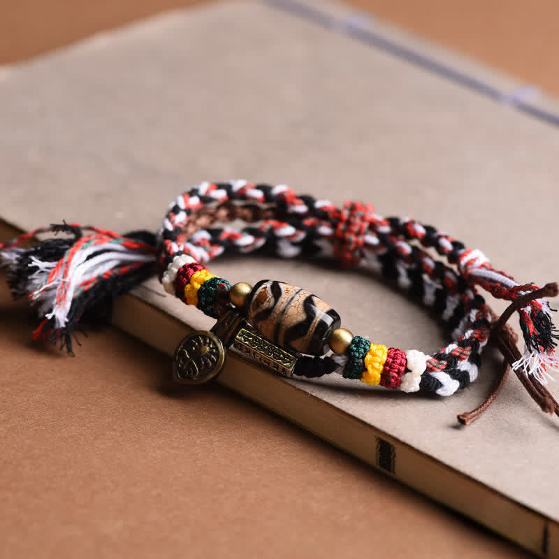 Nimara Ritual Dzi Beads Om Mani Padme Hum Double Wrap Braided Rope Peace Bracelet