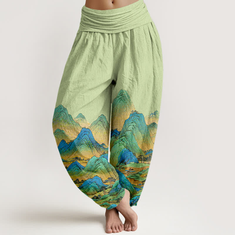 Nimara Ritual Pure Cotton Blue Green Mountain Landscape Pattern Women's Elastic Waist Harem Pants