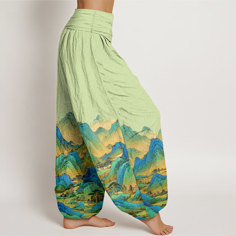 Nimara Ritual Pure Cotton Blue Green Mountain Landscape Pattern Women's Elastic Waist Harem Pants