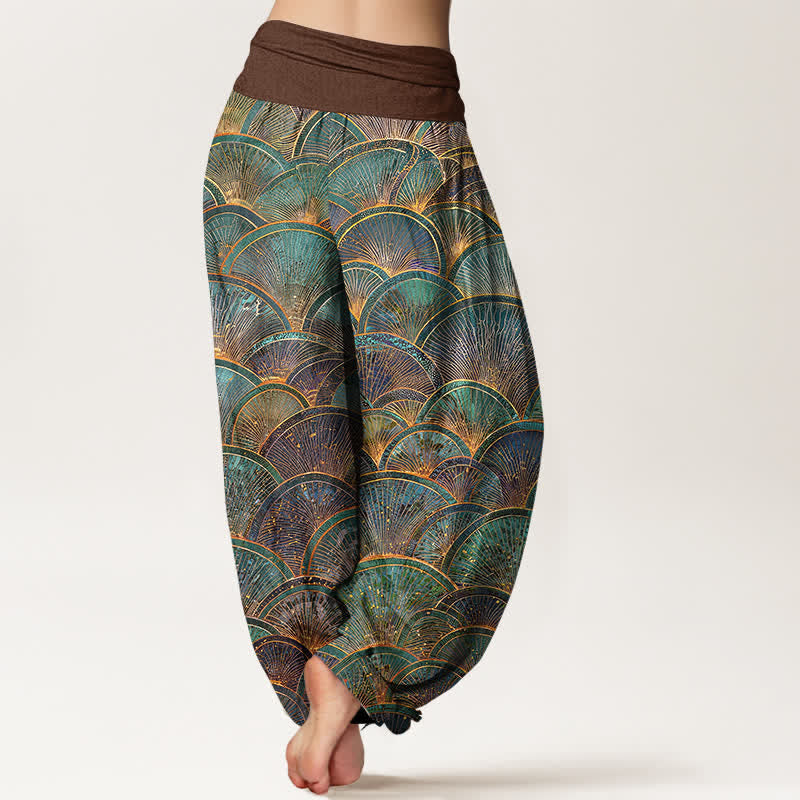 Nimara Ritual Pure Cotton Turquoise Fan Pattern Women's Elastic Waist Harem Pants