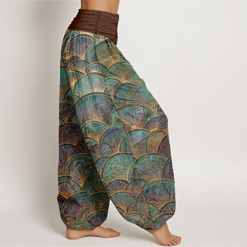 Nimara Ritual Pure Cotton Turquoise Fan Pattern Women's Elastic Waist Harem Pants