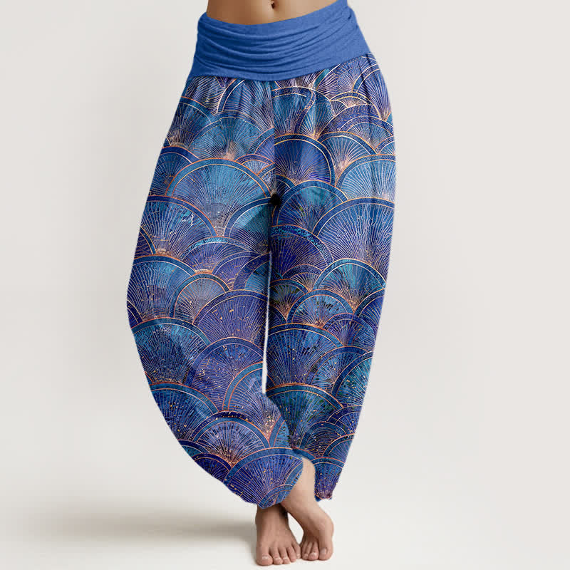 Nimara Ritual Pure Cotton Turquoise Fan Pattern Women's Elastic Waist Harem Pants