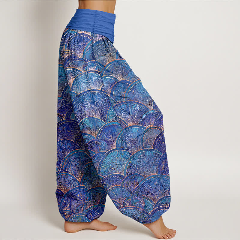Nimara Ritual Pure Cotton Turquoise Fan Pattern Women's Elastic Waist Harem Pants
