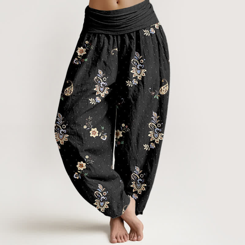 Nimara Ritual Pure Cotton Boho Paisley Floral Pattern Women's Elastic Waist Harem Pants