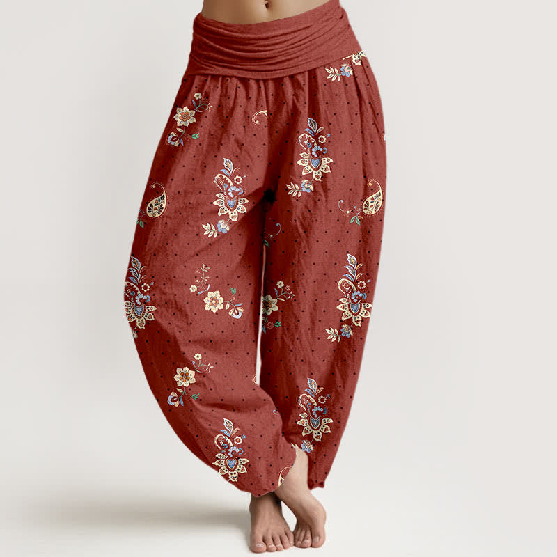 Nimara Ritual Pure Cotton Boho Paisley Floral Pattern Women's Elastic Waist Harem Pants