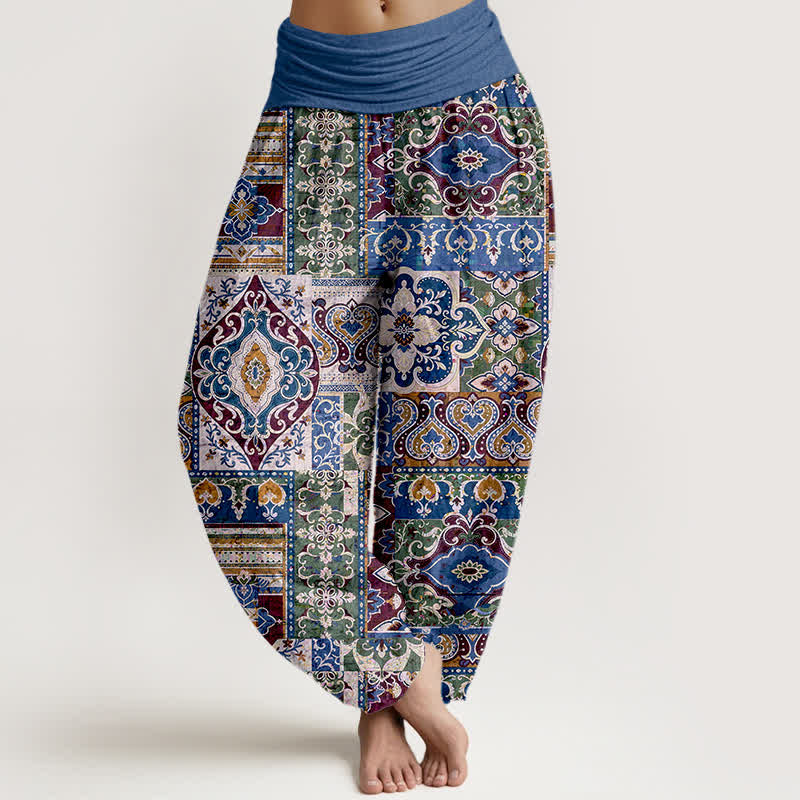 Nimara Ritual Cotton Olive Mosaic Tile Pattern Women's Elastic Waist Harem Pants