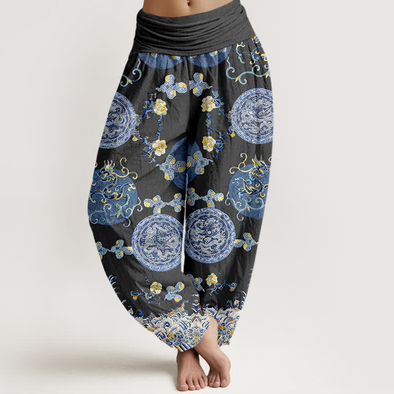Nimara Ritual Cotton Indigo Medallion Dragon Pattern Women's Elastic Waist Harem Pants