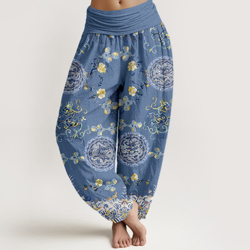 Nimara Ritual Cotton Indigo Medallion Dragon Pattern Women's Elastic Waist Harem Pants