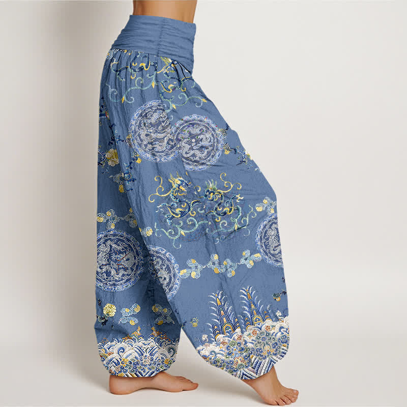 Nimara Ritual Cotton Indigo Medallion Dragon Pattern Women's Elastic Waist Harem Pants