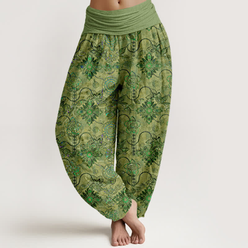 Nimara Ritual Pure Cotton Olive Boho Floral Diamond Pattern Women's Elastic Waist Harem Pants