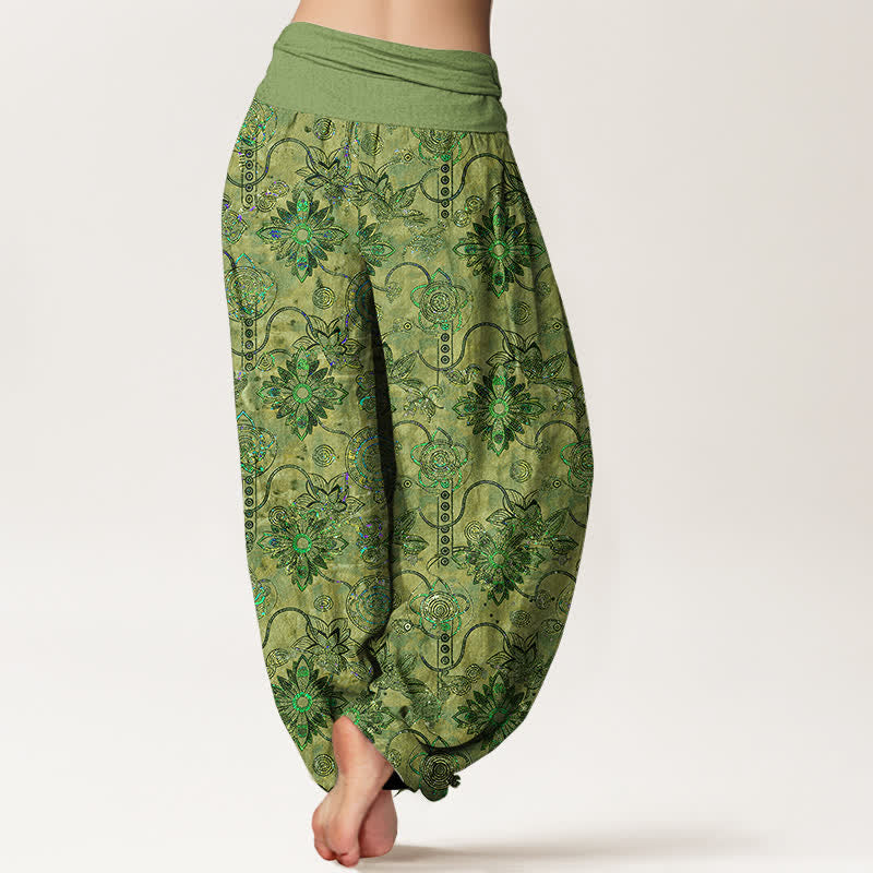 Nimara Ritual Pure Cotton Olive Boho Floral Diamond Pattern Women's Elastic Waist Harem Pants