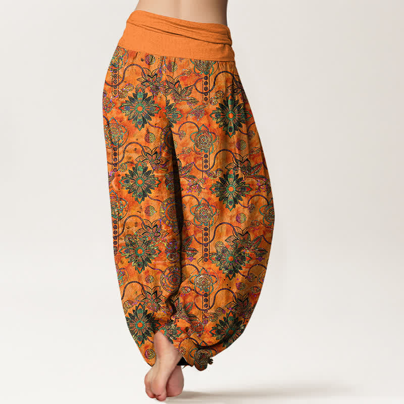 Nimara Ritual Pure Cotton Olive Boho Floral Diamond Pattern Women's Elastic Waist Harem Pants