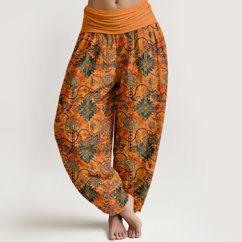Nimara Ritual Pure Cotton Olive Boho Floral Diamond Pattern Women's Elastic Waist Harem Pants