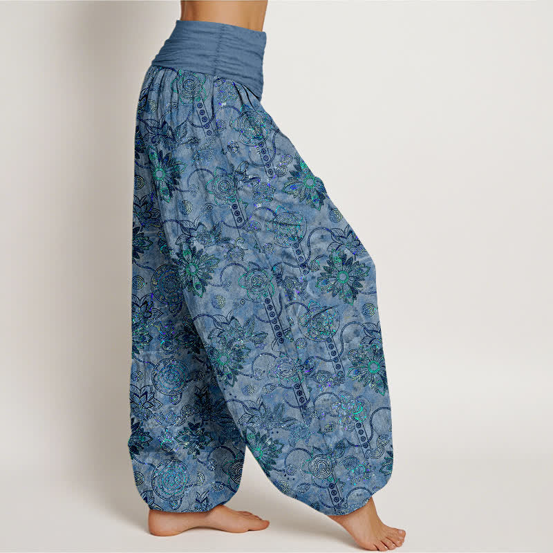 Nimara Ritual Pure Cotton Olive Boho Floral Diamond Pattern Women's Elastic Waist Harem Pants