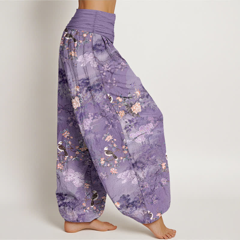 Nimara Ritual Pure Cotton Floral Bird Pattern Women's Elastic Waist Harem Pants