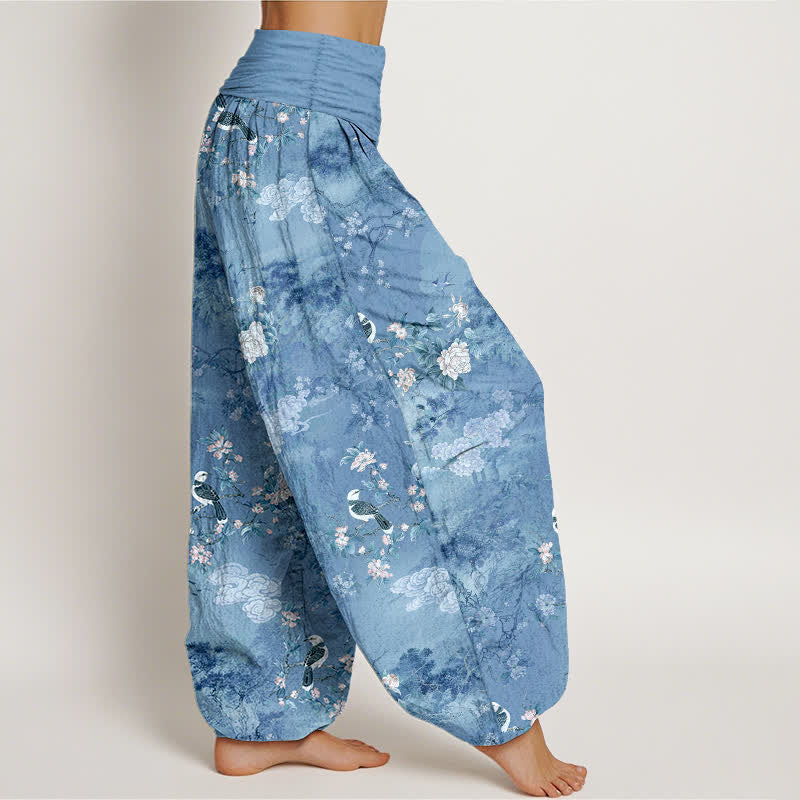 Nimara Ritual Pure Cotton Floral Bird Pattern Women's Elastic Waist Harem Pants