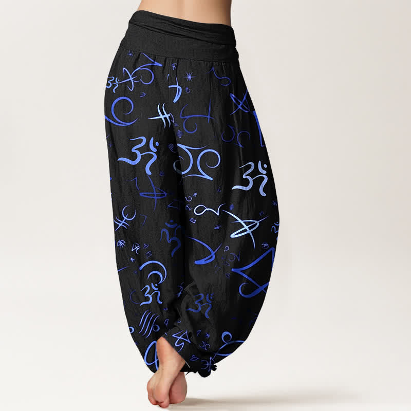 Nimara Ritual Pure Cotton Blue OM Symbol Pattern Women's Elastic Waist Harem Pants