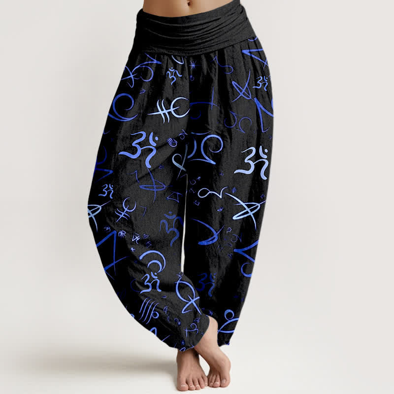 Nimara Ritual Pure Cotton Blue OM Symbol Pattern Women's Elastic Waist Harem Pants